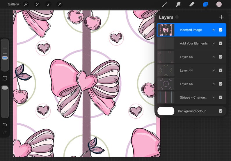 May include: A digital illustration interface showing a pattern design with pink bows, hearts, and cherries on a white background. The interface includes a layers panel on the right side with labels such as inserted image, add your elements, and background colour.