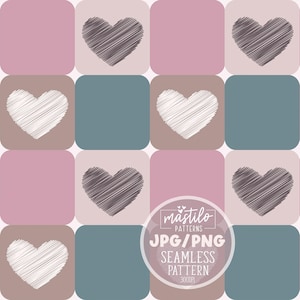 May include: A seamless pattern featuring a repeating design of hearts in various shades of pink, brown, and blue. The hearts are drawn with a scribbled line pattern, giving a hand-drawn look.