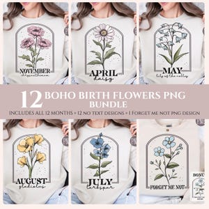 Boho Geburtsblume PNG Bundle, 12 Monate + Bonus Blumen Clipart, Vintage Botanische PNG für Sublimation, Geburtsmonat Blumen, Geburtstagsblumen