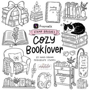 May include: A collection of black and white digital stamp brushes featuring illustrations of books, a reading journal, a cat, an armchair, headphones, and a book cart. The text reads Procreate STAMP BRUSHES Cozy BOOKLOVER 25 HAND-DRAWN PROCREATE STAMPS.