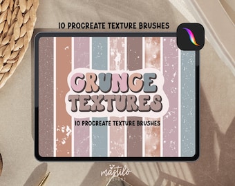 May include: A digital tablet screen displays a graphic with vertical stripes in muted pink, blue, and brown tones with a distressed texture. The text reads 10 PROCREATE TEXTURE BRUSHES and GRUNGE TEXTURES. A Procreate app icon is in the corner.