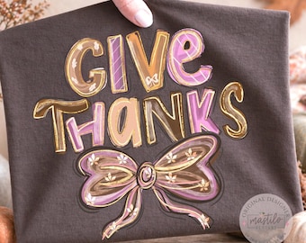 Give Thanks PNG | Coquette Fall Bow Retro Style | Cute Thanksgiving Shirt Design for Women | Girly Autumn Sublimation