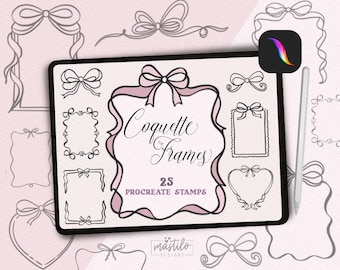 Pędzle do stempli Coquette Frames Procreate | Zestaw pędzli do ramek Bow Frame | Dziewczęce, vintage'owe obramowania wstążkowe | Zestaw do pisania i prowadzenia dziennika na iPadzie | Rysunki ręczne
