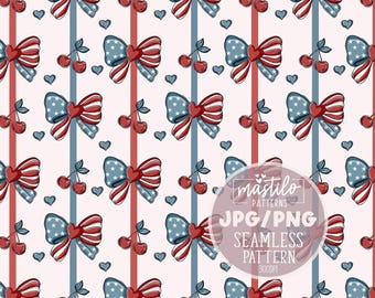 Patriotic Coquette Fourth of July Pattern, seamless digital paper, red white blue bows and cherries, cute USA aesthetic, instant download