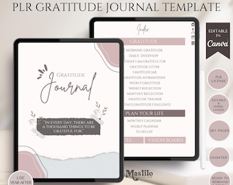 Puede incluir: Una plantilla de diario de gratitud digital mostrada en dos tabletas. La portada presenta el texto Gratitude Journal y una cita sobre la gratitud. La segunda pantalla muestra un índice con secciones para gratitud y planificación.