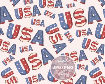 USA Seamless Pattern | Patriotic Red White Blue Digital Paper | 4th of July Americana Repeat Print | Surface Pattern Design | Vintage USA