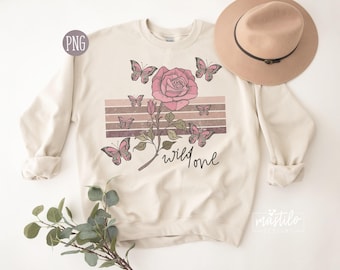 Wild One Png, diseños de sublimación de mariposas retro, flores retro Png, diseños de camisetas retro, Hippie Png, Retro png, Sublimación hippie, Boho