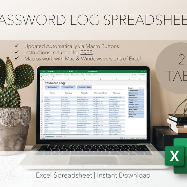 PASSWORD LOG SPREADSHEET | Password Login Excel Template |  Dnd Notebook | Instant Download for Microsoft Office 365