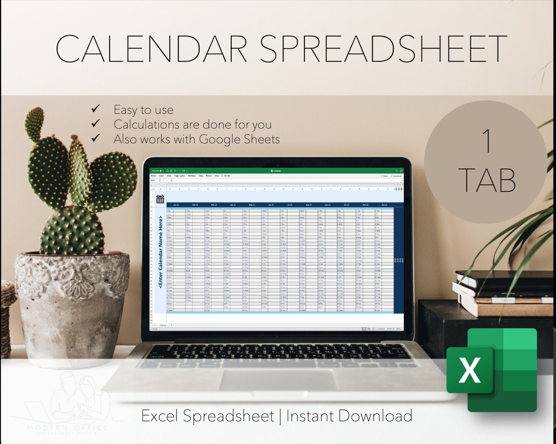 CALENDAR SPREADSHEET | Calendar Planner Excel Template for Microsoft ...