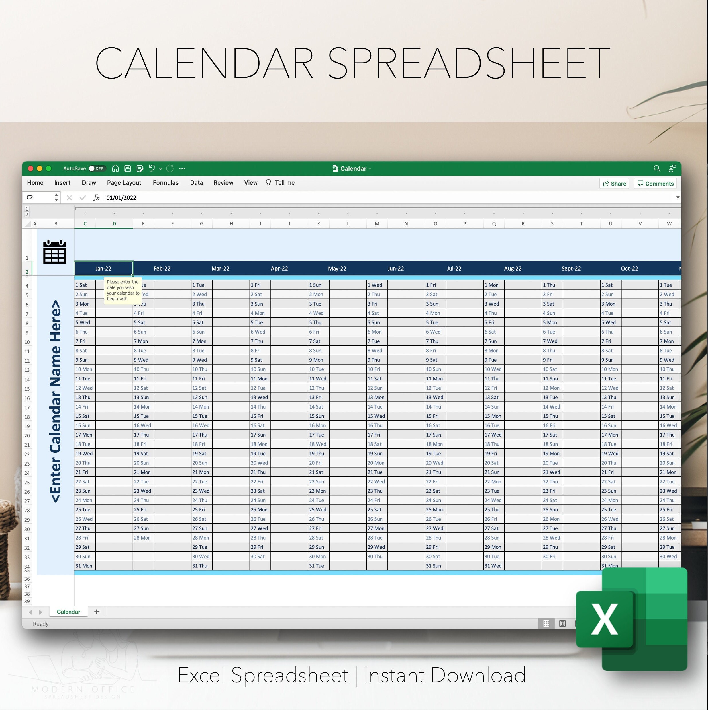 CALENDAR SPREADSHEET Calendar Planner Excel Template for Microsoft Office 365 by Modern Office
