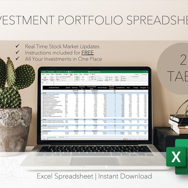 INVESTMENT PORTFOLIO SPREADSHEET | Investment Portfolio Excel Template | Stock Market & Cryptocurrency Summary | Microsoft Office 365