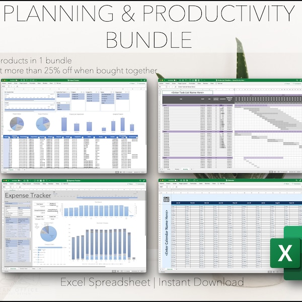 PLANNING & PRODUCTIVITY BUNDLE | Project Tracker, Calendar, Expense Tracker, To Do List Notepad, Excel Template for Microsoft Office 365
