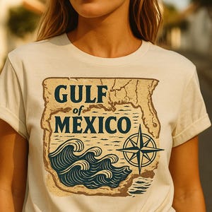 Carte vintage du golfe du Mexique PNG - Rose des vents nautiques - Clipart vagues de l'océan - Design côtier rétro pour sublimation et t-shirt