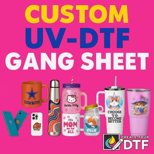 DTF uv-gangblad, aangepaste uv-dtf-overdrachten, gepersonaliseerde uv-dtf-afdrukken, bulk uv dtf-overdracht, persklaar