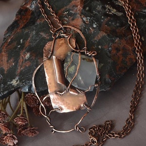 Stone Wind &quot;Secret Garden&quot; Natural Moss Agate hammered copper wire wrapped pendant on copper chain with a touch of Brutalist style.  Unique!
