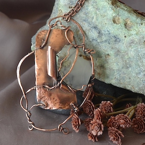 Stone Wind &quot;Secret Garden&quot; Natural Moss Agate hammered copper wire wrapped pendant on copper chain with a touch of Brutalist style.  Unique!