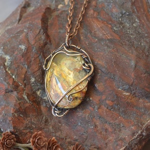 Stone Wind: &quot;Sunshine&quot; Tiger Dendrite Agate pendant necklace antiqued copper chain Boho hammer copper wire wrap minimalist pendant