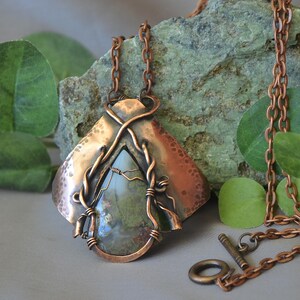 Stone Wind &quot;Epiphany&quot; Boho hammered copper &quot;scenic&quot; Moss Agate picture stone pendant on antiqued copper chain. Unique and hand made.