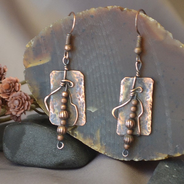 Stone Wind "Bookmarks" Delightfully mismatched Boho hammered copper earrings.  Dangle copper earrings a bit on the small side - unique!