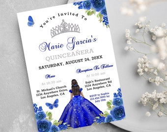 May include: A blue and silver Quinceañera invitation with a crown, butterfly, and a girl in a blue dress. The invitation includes the text "You're Invited To Marie Garcia's Quinceañera Saturday, August 24, 20XX Mass At 10:30 am St. Michael's Church 1234 Anywhere Drive, Los Angeles, CA Reception To Follow At 11:00 am Sajo's Restaurant 1234 Anywhere Rd Los Angeles, CA RSVP to Sophia 123.456.7890 by July 15th"