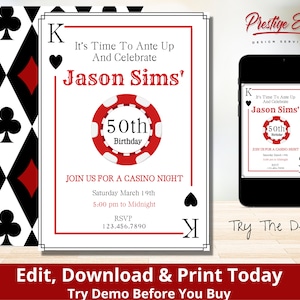 Playing Card Birthday Invitation - Casino Night Party Invite - Milestone Red & Black - Personalized Vegas Poker Theme - PESC01