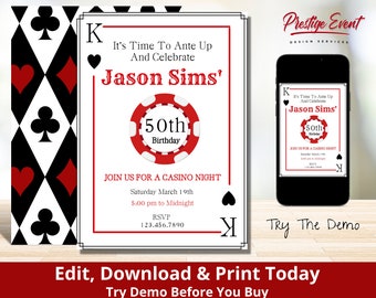 Playing Card Birthday Invitation - Casino Night Party Invite - Milestone Red & Black - Personalized Vegas Poker Theme - PESC01