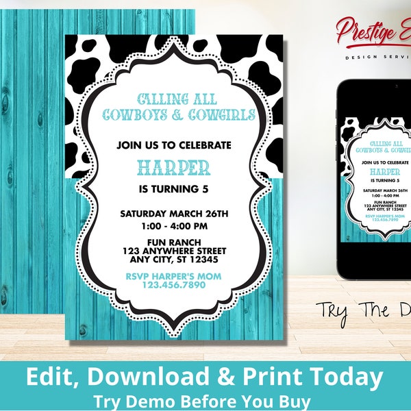 Teal Wood Cowprint Birthday Invitation -  Rustic Cowgirl Party - Cow Print Theme - Western Invite - Teal Blue Cowhide - PEC200