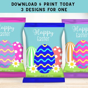 May include: Three printable designs for Easter treat bags. Each bag features a blue background with a white "Happy Easter" message and three colorful Easter eggs with different patterns. The bags are pink, blue, and purple.