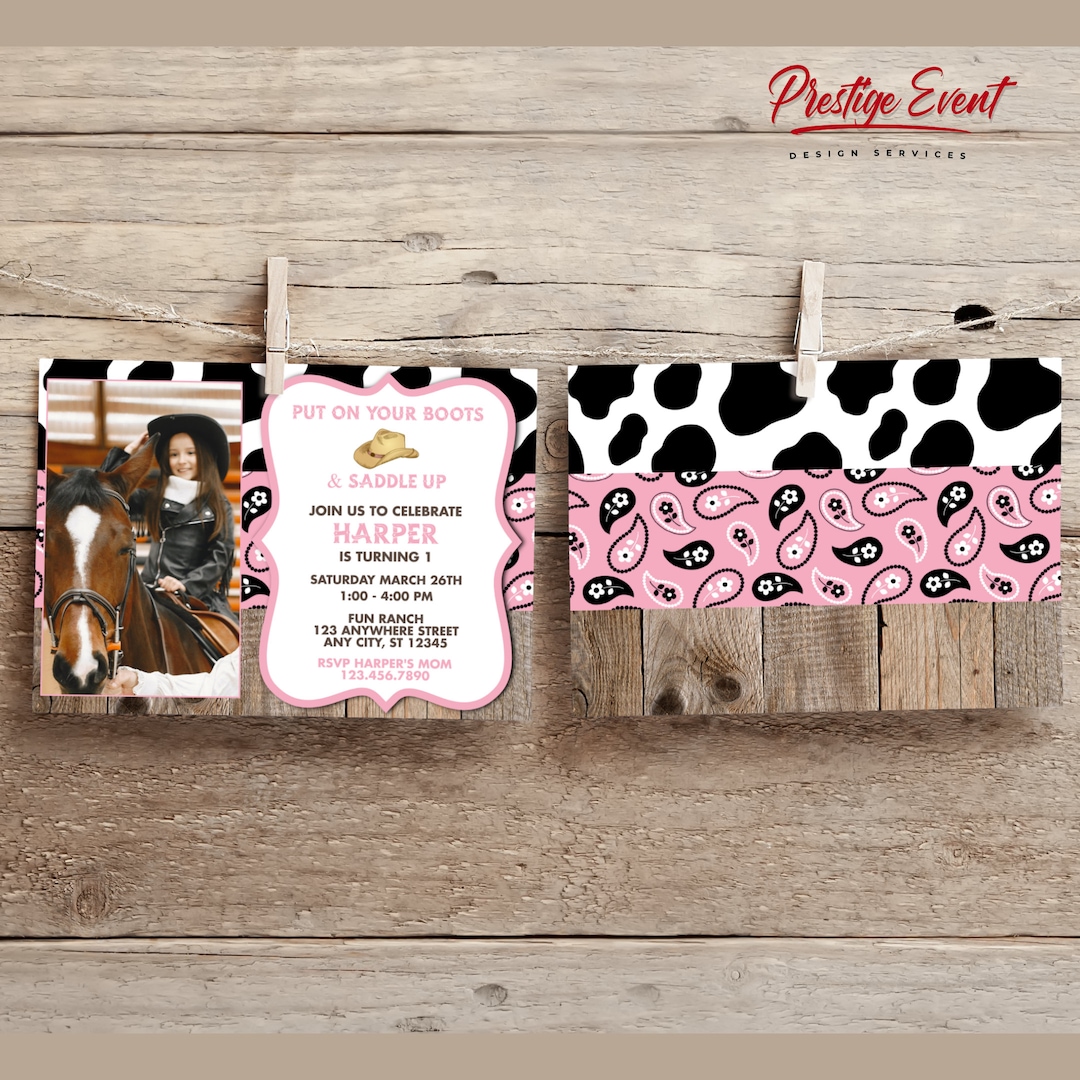 Cowgirl Photo Invitation - Rustic Birthday Invite - Cowgirl Party - Cow Print Theme - Vintage ...
