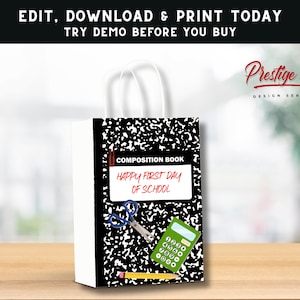 Back To School Gift Bag Label | Composition Notebook Favor Sticker | First Day Of School | School Supplies Favor Bag Printable Label - B2SPE
