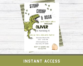 Bewerkbare verjaardagsuitnodiging dinosaurus T-Rex: dino-feestje (digitale download)