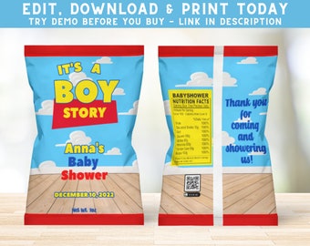 Bolsa de fichas de Boy Story - Envoltura de bolsa de fichas de Toy Story - Etiquetas de bolsas de fichas personalizadas - Es una ducha de bebé de Boy Story - Bolsa de fichas imprimible - PES0