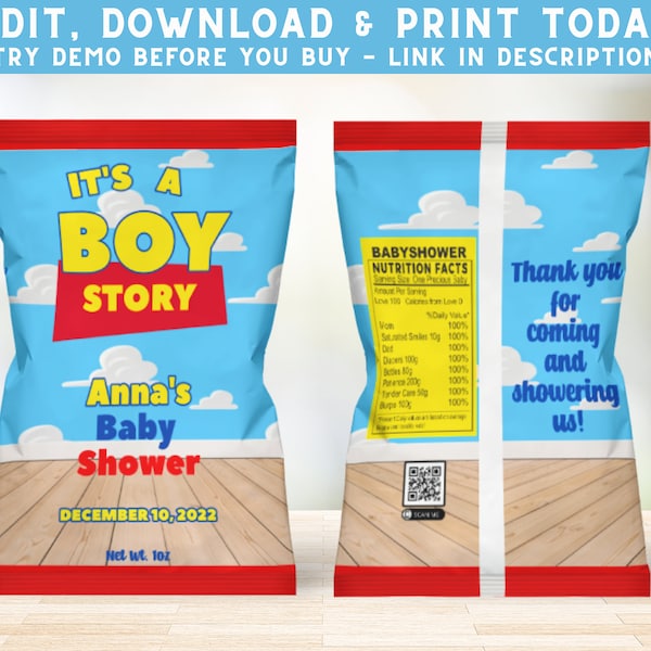 Boy Story Chip Bag - Toy Story Chip Bag Wrapper - Custom Chip Bag Labels - It's A Boy Story Baby Shower - Printable Chip Bag - PES0