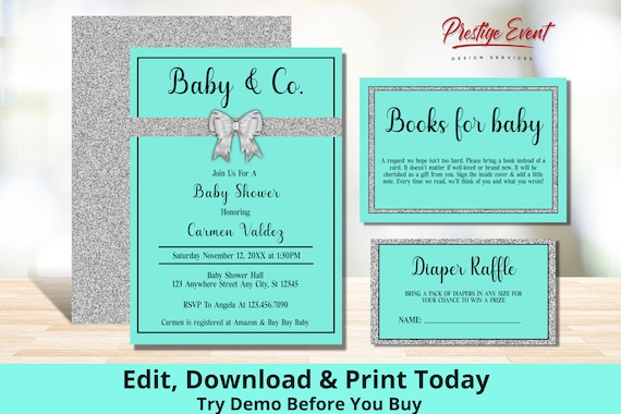 Baby and Co Baby Shower Invitation Bundle - Tiffany Theme - Books For Baby - Diaper Raffle - Invitation Insert - Gender Reveal - PETIFF Il_570xn