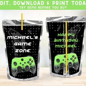 May include: Two black and silver juice pouches with a green video game controller graphic. One pouch says "Michael's Game Zone" and the other says "Happy Birthday Michael".