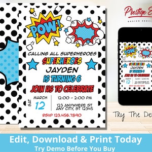 Superhero Invitation - Comic Book Theme - Superhero Birthday Invite - Superhero Party - Superhero Invite - Superheroes Birthday - PES109