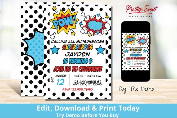 Superhero Invitation - Comic Book Theme - Superhero Birthday Invite - Superhero Party - Superhero Invite - Superheroes Birthday - PES109 Il_570xn