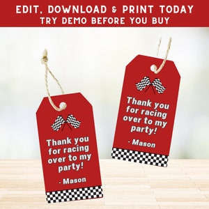 Racing Favor Tags - Race Car Thank You Tags - Kids Party Favor Tags - Thanks For Racing By Favor Tags - Two Fast Tag - PECA6