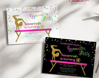 Gymnastics Birthday Invitation, Gymnast Party Invite, Tumbling Party, Girl Birthday Party, Gymnastics Theme, Birthday Invitation - PES006