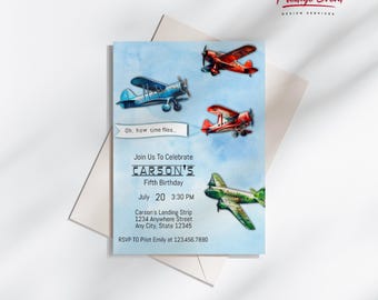 Faire-part d'anniversaire avion : fête de l'aviation, thème « Le temps passe vite » (PDF)