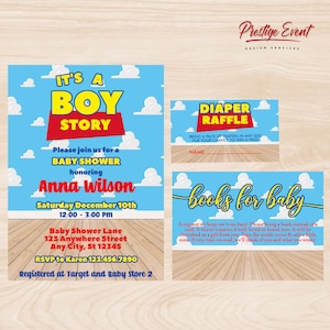 Toy Story Baby Shower Invitation Bundle - It's A Boy Story Theme - Books For Baby - Diaper Raffle - Invitation Insert - Gender Reveal - PES0