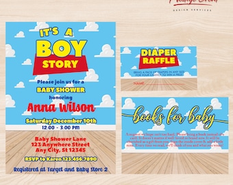 Toy Story Baby Shower Invitation Bundle - It's A Boy Story Theme - Books For Baby - Diaper Raffle - Invitation Insert - Gender Reveal - PES0