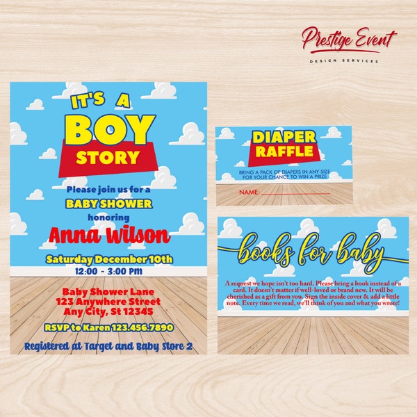 Toy Story Baby Shower Invitation Bundle - It's A Boy Story Theme - Books For Baby - Diaper Raffle - Invitation Insert - Gender Reveal - PES0