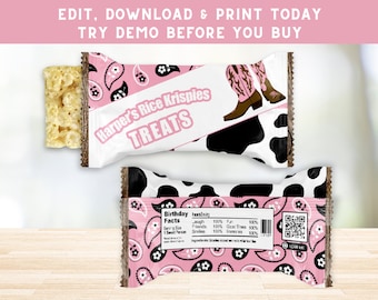 May include: Pink and black patterned treat bags with a cow print design. The bags have a label that says "Harper's Rice Krispies Treats" and a birthday facts label with a QR code.