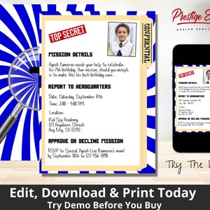 Spy Photo Invitation - Secret Agent Picture Invite - Top Secret Detective Birthday Party - Mission Impossible Spy Kids Theme - PESPY1