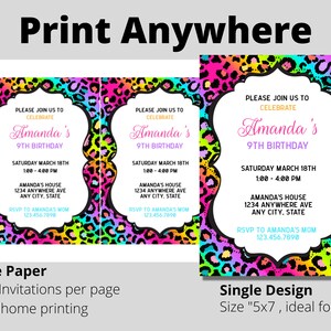 May include: Two printable invitations with a colorful leopard print background. The invitations are for Amanda's 9th birthday party. The text on the invitations includes the date, time, location, and RSVP information.