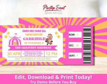 Circus Invitation For Girls - Circus Ticket Invite Circus Birthday Invitation - Circus Party Invite - Circus Themed Party - PECircus