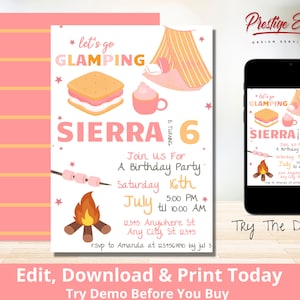 Glamping Invitation - Girl&#39;s Camping Invite - Let&#39;s Go Glamping - Sleepover Party - Camping Party Theme