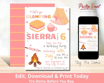 Girls Glamping Birthday Invitation: Sleepover Party Theme (Digital Download)