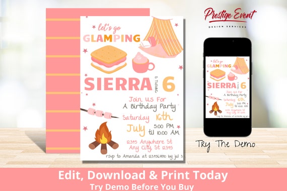 Glamping Invitation - Girl's Camping Invite - Let's Go Glamping - Sleepover Party - Camping Party Theme Il_570xn